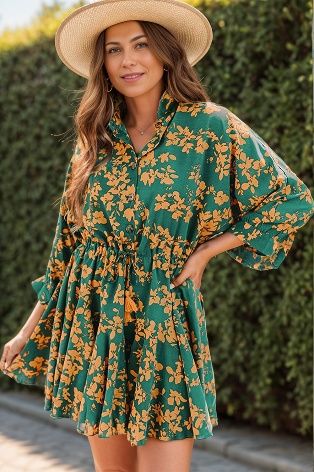 Floral Three-Quarter Sleeve Dress