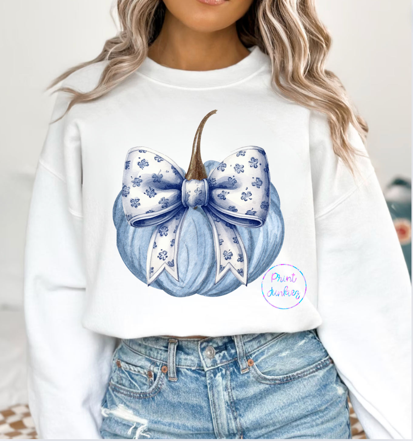 Blue Pumpkin with Floral Bow  - DTF