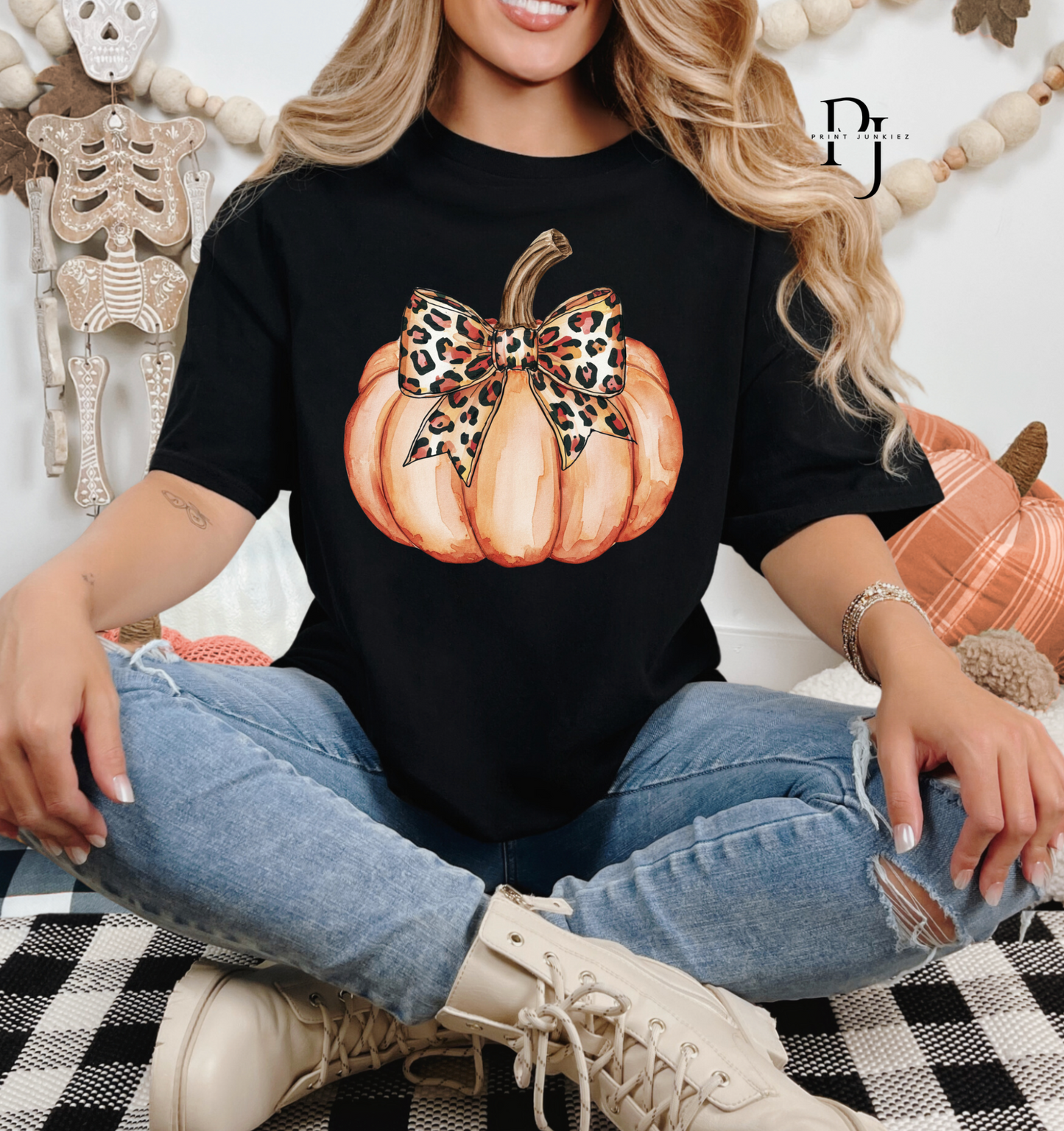 Watercolor Pumpkin Leopard Bow - DTF