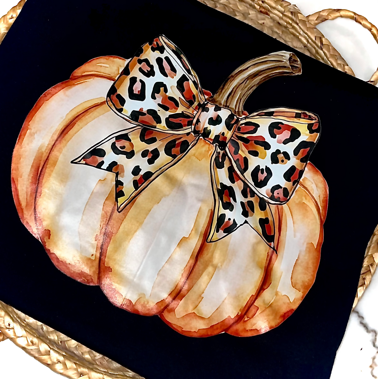 Watercolor Pumpkin Leopard Bow - DTF