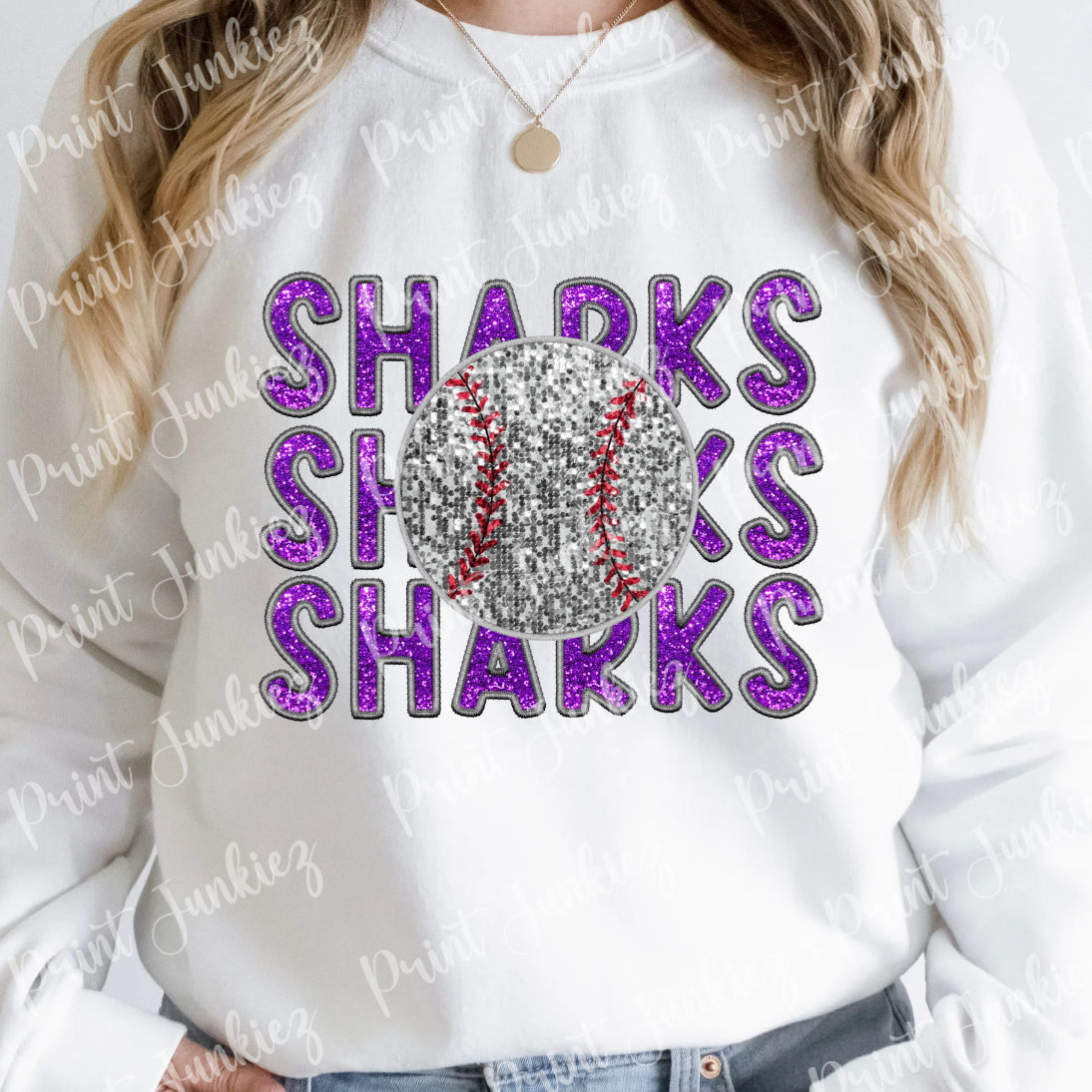 Sharks Stacked Faux Glitter Stitch Baseball