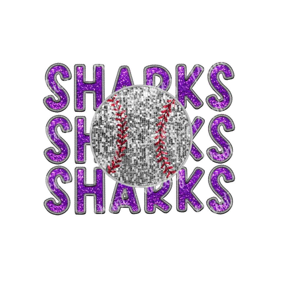 Sharks Stacked Faux Glitter Stitch Baseball