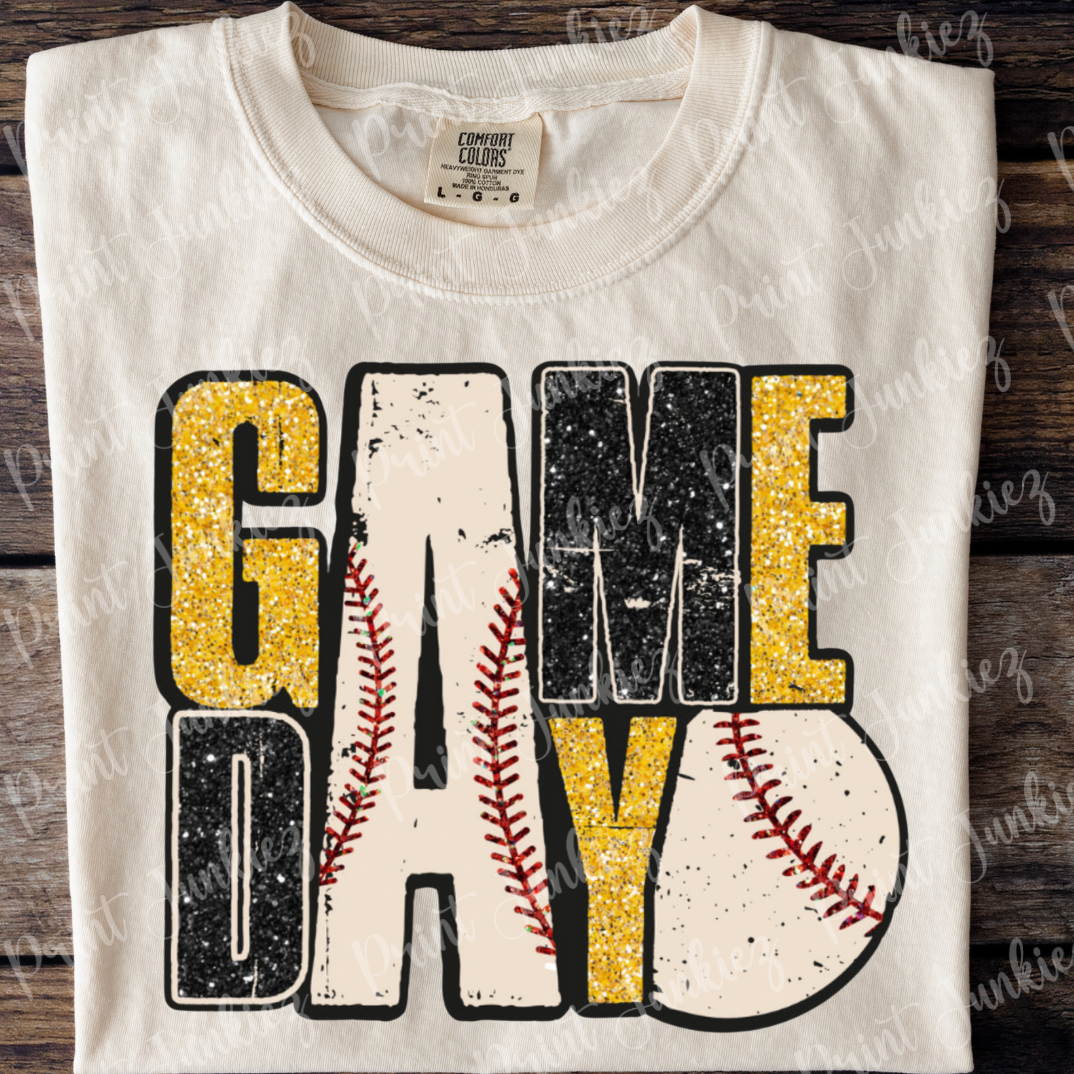 Gold/Black Game Day Glitter Baseball Distressed