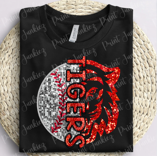 Faux Glitter Stitch Tigers Baseball Mascot - Red/Black