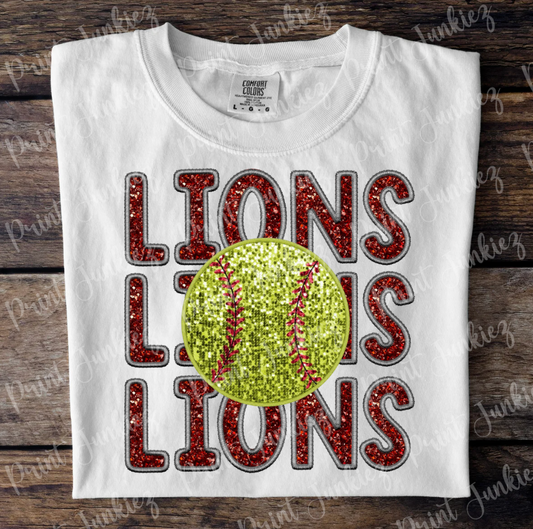 Lions Stacked Faux Glitter Stitch Softball