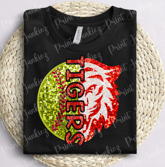 Faux Glitter Red & White Tigers Softball - Red/Black