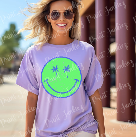 Smiley w/ Palm Tree Eyes Distressed - Green/Purple