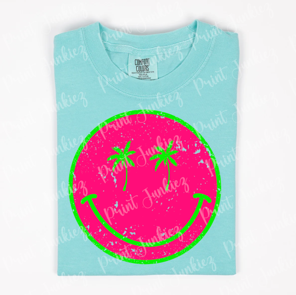 Smiley w/ Palm Tree Eyes Distressed - Pink/Lime