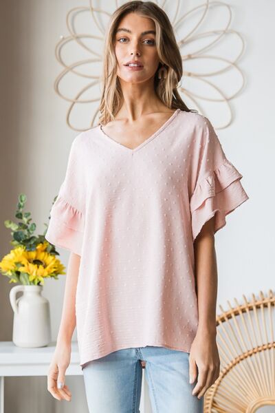 Pink Swiss Dot Ruffle Sleeve Top