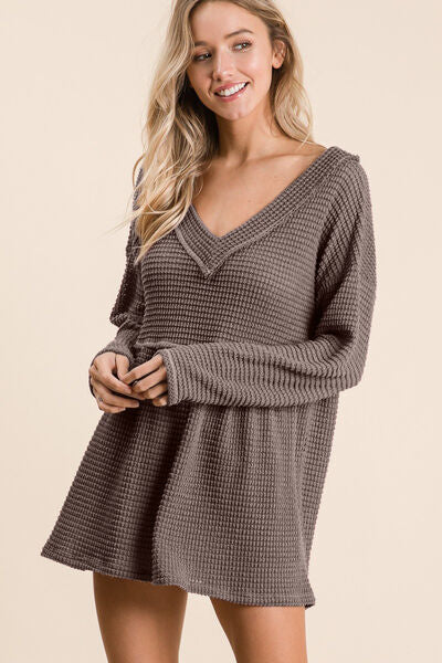 Mocha Waffle Knit V-Neck Babydoll Top