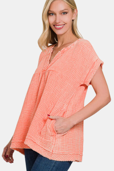 Coral Washed Top with Pockets