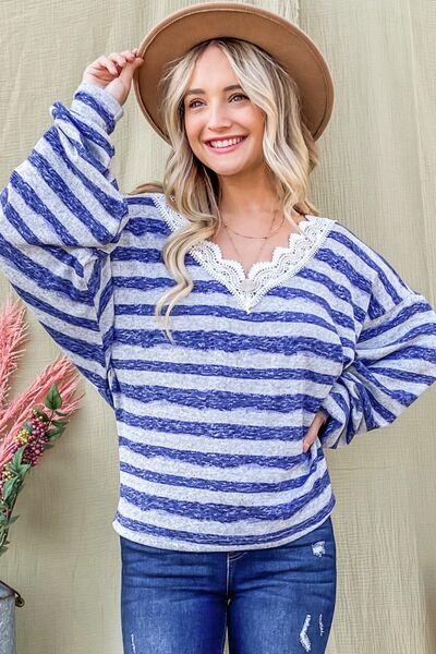 Navy/White Striped Lace V-Neck Top