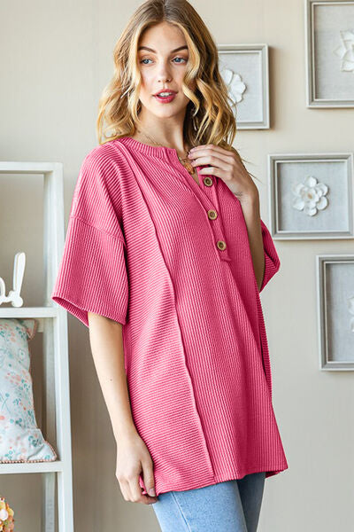 Pink Ribbed Half Button Top