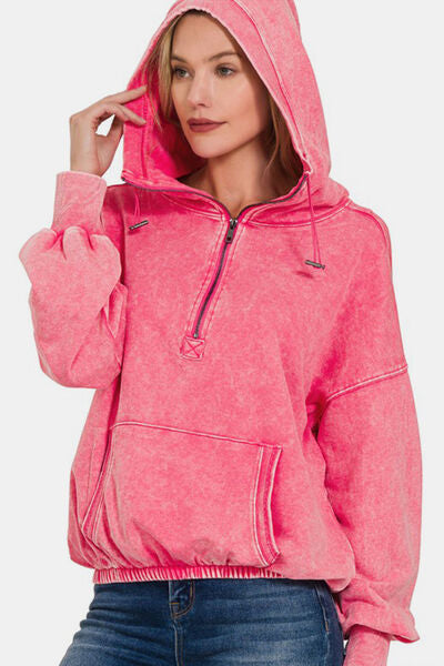 Pink Half Zip Dropped Shoulder Hoodie