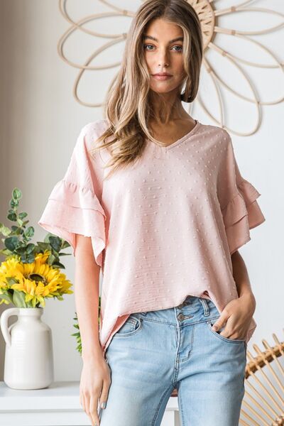 Pink Swiss Dot Ruffle Sleeve Top