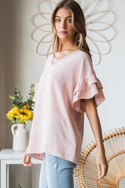 Pink Swiss Dot Ruffle Sleeve Top