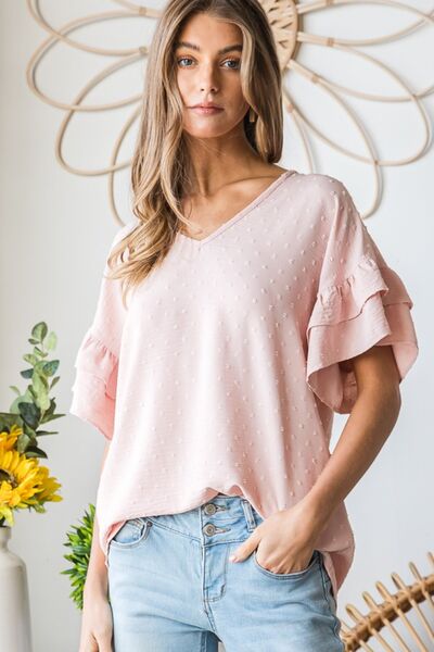 Pink Swiss Dot Ruffle Sleeve Top