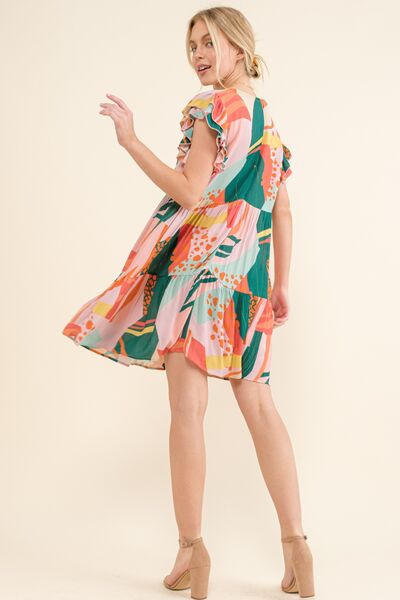 Multi Printed Double Ruffle Sleeve Dress