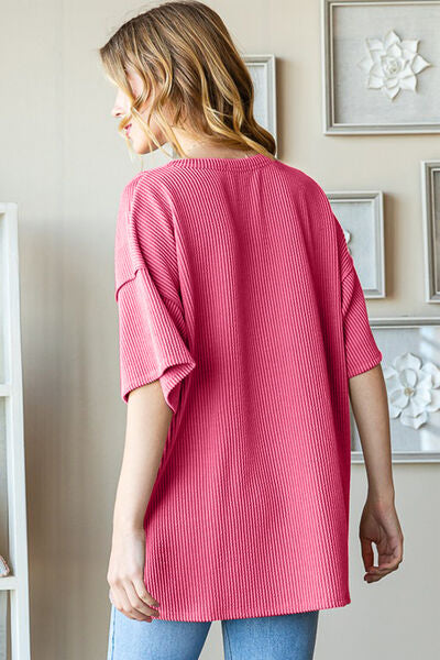 Pink Ribbed Half Button Top