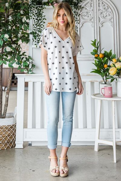 Black Star Print Waffle Top