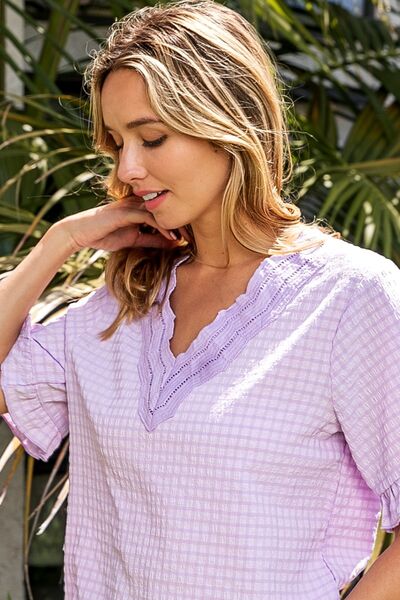 Lavender V-Neck Short Sleeve Blouse