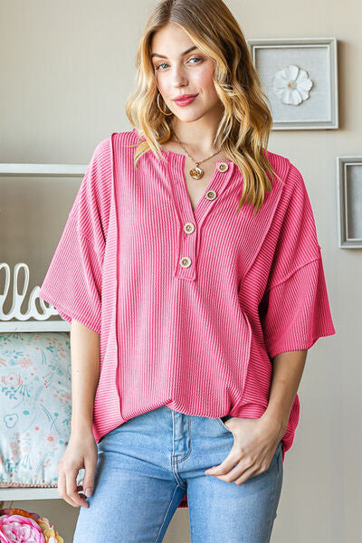 Pink Ribbed Half Button Top