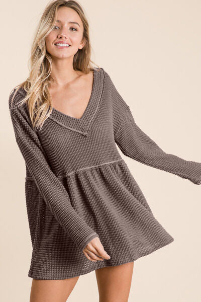 Mocha Waffle Knit V-Neck Babydoll Top