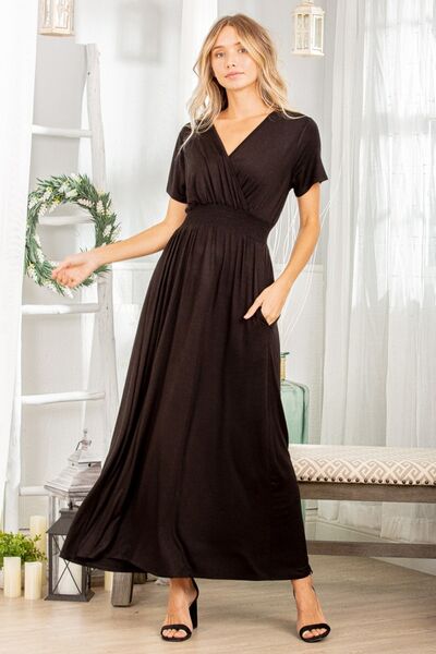 Black Surplice Short Sleeve Dress