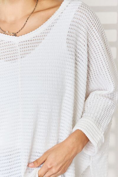 White Waffle Knit V-Neck Top