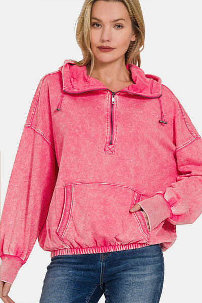 Pink Half Zip Dropped Shoulder Hoodie