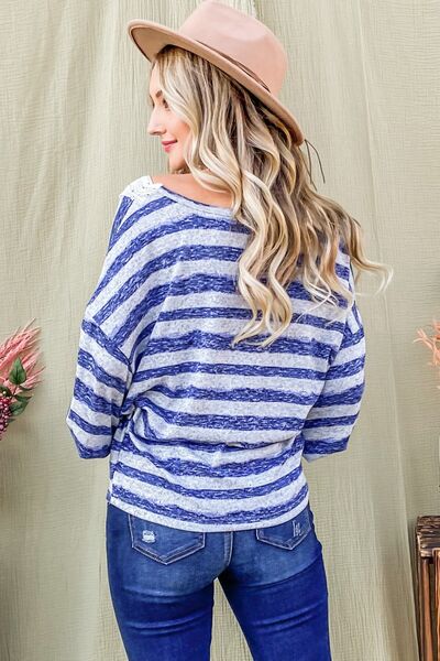 Navy/White Striped Lace V-Neck Top