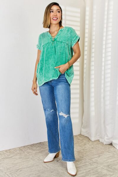 Kelly Green Washed Top with Pockets