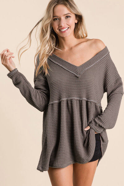 Mocha Waffle Knit V-Neck Babydoll Top