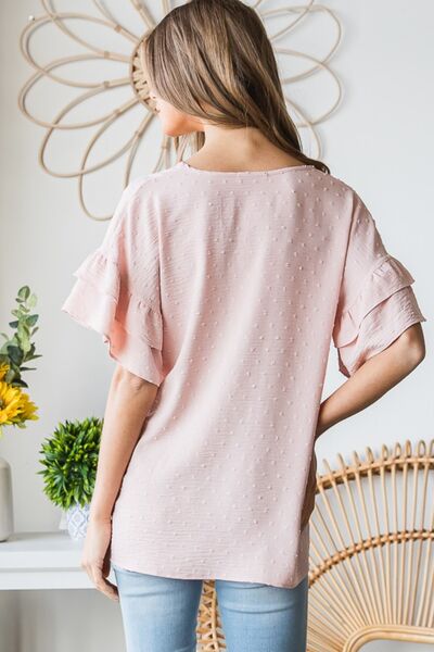 Pink Swiss Dot Ruffle Sleeve Top