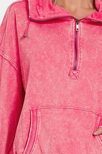 Pink Half Zip Dropped Shoulder Hoodie