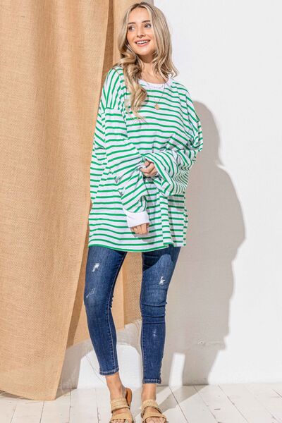 Green Oversized Striped Balloon Sleeve Top