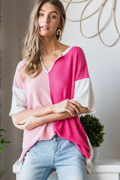 Contrast Waffle-Knit Top