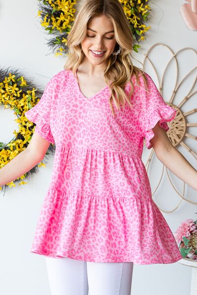 Leopard Pink Ruffle Trim Short Sleeve Top