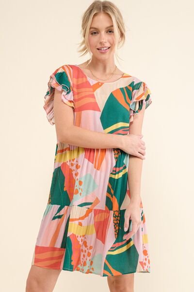 Multi Printed Double Ruffle Sleeve Dress