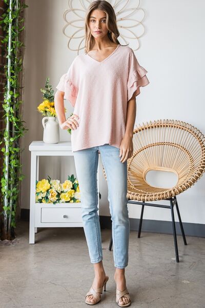 Pink Swiss Dot Ruffle Sleeve Top