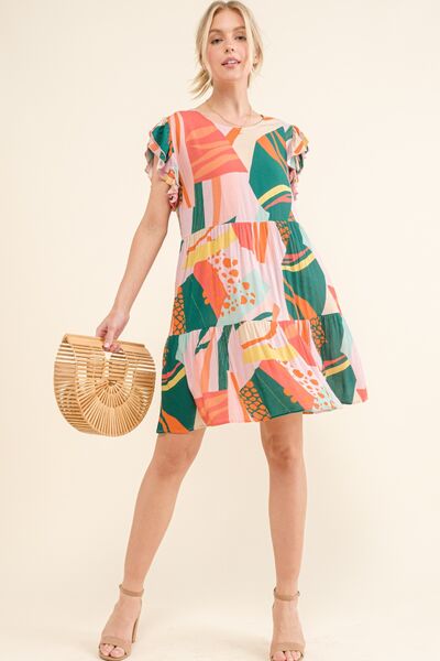 Multi Printed Double Ruffle Sleeve Dress