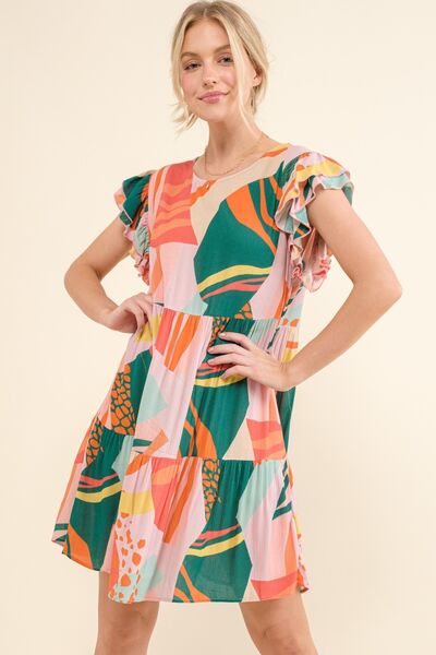 Multi Printed Double Ruffle Sleeve Dress