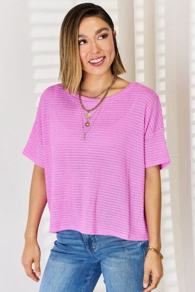 Pink Waffle Knit Short Sleeve Top