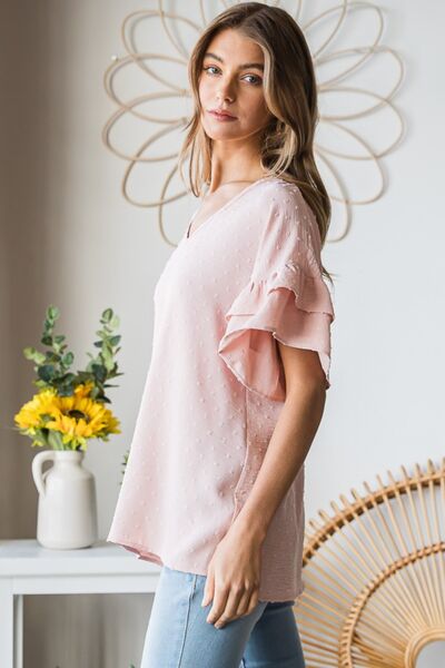 Pink Swiss Dot Ruffle Sleeve Top