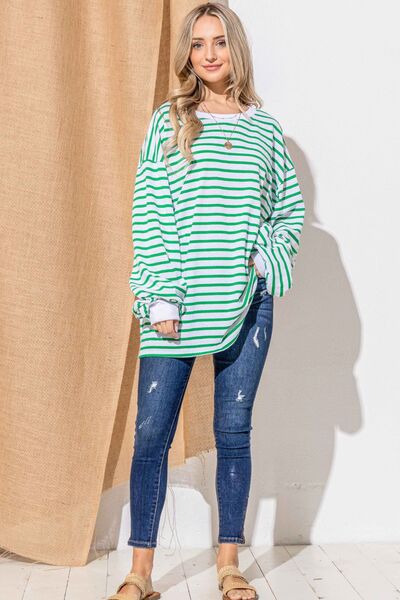 Green Oversized Striped Balloon Sleeve Top