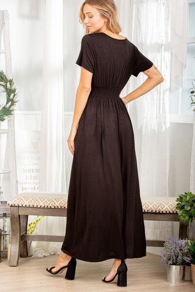 Black Surplice Short Sleeve Dress